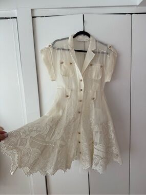 Zimmermann Cream Sheer Embroidered Shirt Mini Dress